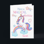 Unicorn Magical Birthday Pink Card<br><div class="desc">A cute and sweet magical unicorn birthday card design featuring a colorful unicorn standing on a cloud and Rainbow with a background of shooting stars and hearts.The card has the wording - Have a Magical Birthday in a colorful font . A sweet, cute and magical design for a little girl...</div>