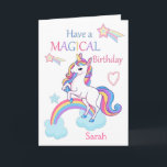Unicorn Magical Birthday Pink Card<br><div class="desc">A cute and sweet magical unicorn birthday card design featuring a colorful unicorn standing on a cloud and Rainbow with a background of shooting stars and hearts.The card has the wording - Have a Magical Birthday in a colorful font . A sweet, cute and magical design for a little girl...</div>
