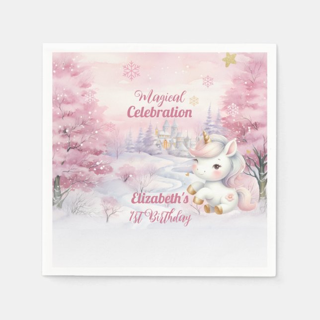 Unicorn Magical Celebration 1st Birthday Party Napkin (Front)