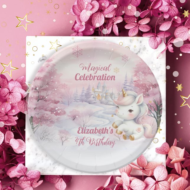 Unicorn Magical Celebration 4th Birthday Party Paper Plate (Unicorn Pink Magical Celebration Mythical Creature Girl's 4th Birthday Party Paper Plates)