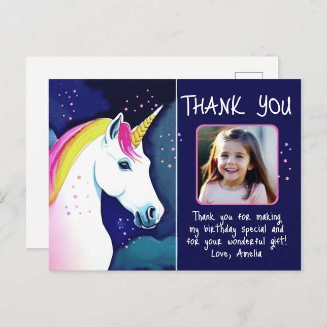 Unicorn Magical Girl Photo Birthday Thank you Postcard (Front/Back)