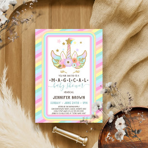 Unicorn Magical Glitter Stars Rainbow Stripe Invitation
