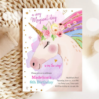 Unicorn Magical Pink Gold Rainbow Girl Birthday Invitation