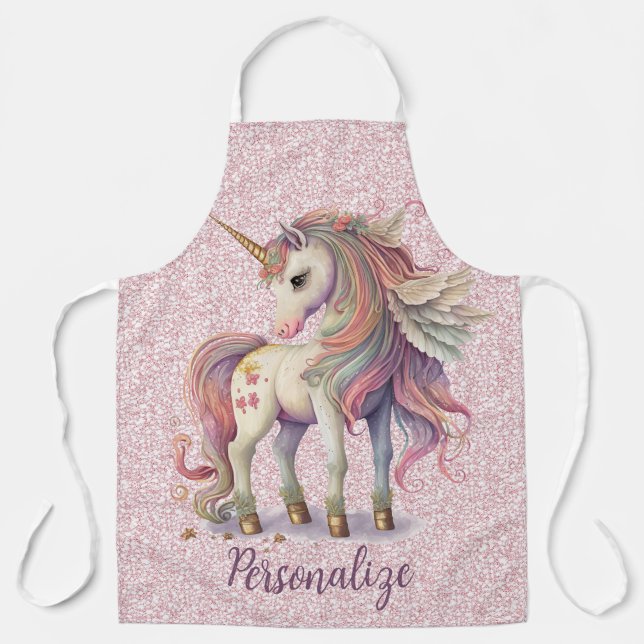 Unicorn Magical Rainbow Colours Pink Glitter Apron (Front)
