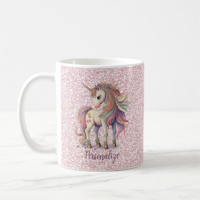 Unicorn Magical Rainbow Colours Pink Glitter Coffee Mug (Left)