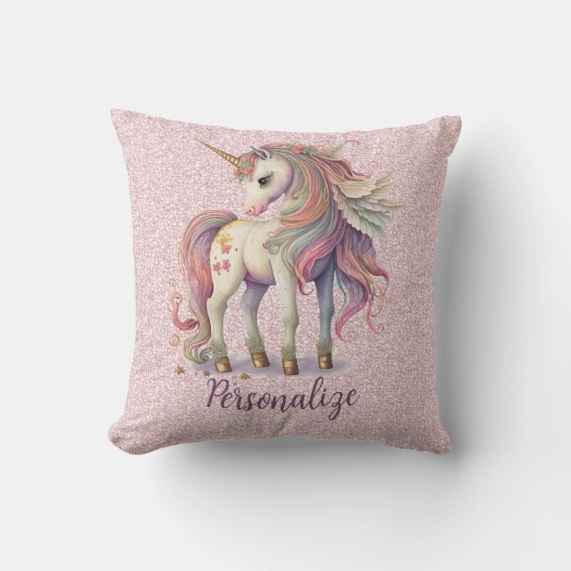 Unicorn Magical Rainbow Colours Pink Glitter Cushion (Front)