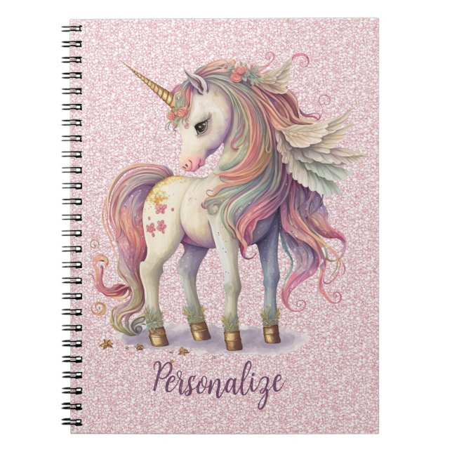Unicorn Magical Rainbow Colours Pink Glitter Notebook (Front)