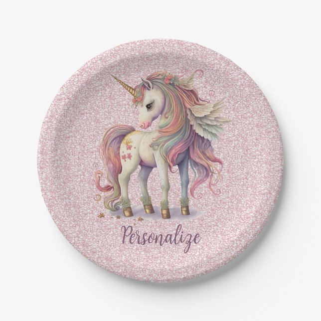 Unicorn Magical Rainbow Colours Pink Glitter Paper Plate (Front)