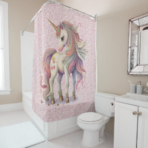 Unicorn Magical Rainbow Colours Pink Glitter Shower Curtain