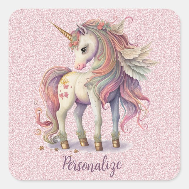 Unicorn Magical Rainbow Colours Pink Glitter Square Sticker (Front)