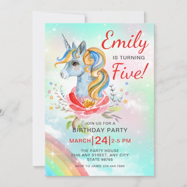 Unicorn Magical Rainbow Fifth Birthday Party Invit Invitation (Front)