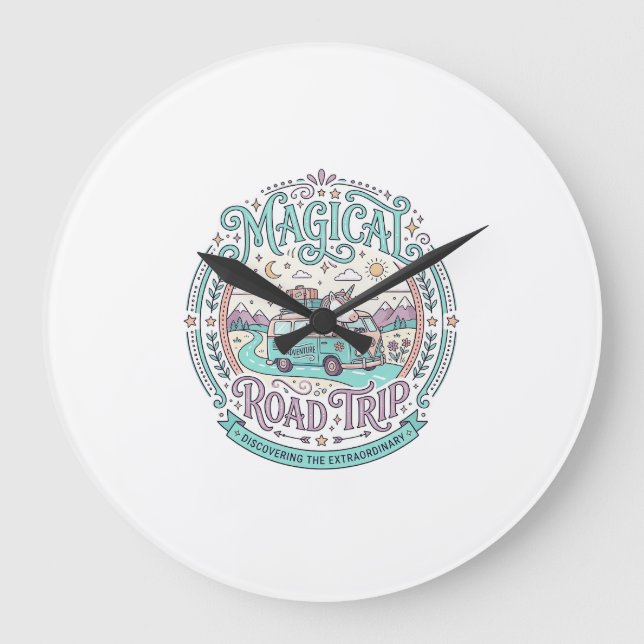 Unicorn Magical Road Trip Original Graphic Tee Des Large Clock (Front)