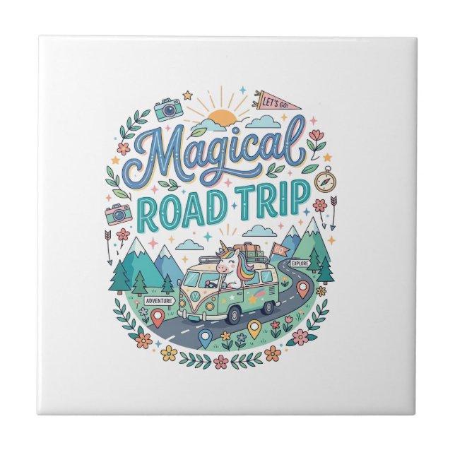 Unicorn Magical Road Trip Print Ready POD Artwork_ Ceramic Tile (Front)