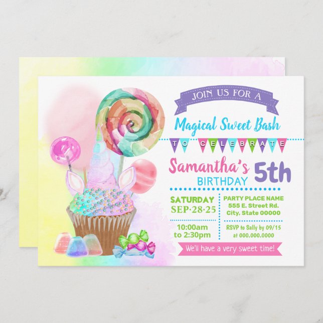 Unicorn magical sweet birthday bash candy pastel invitation (Front/Back)