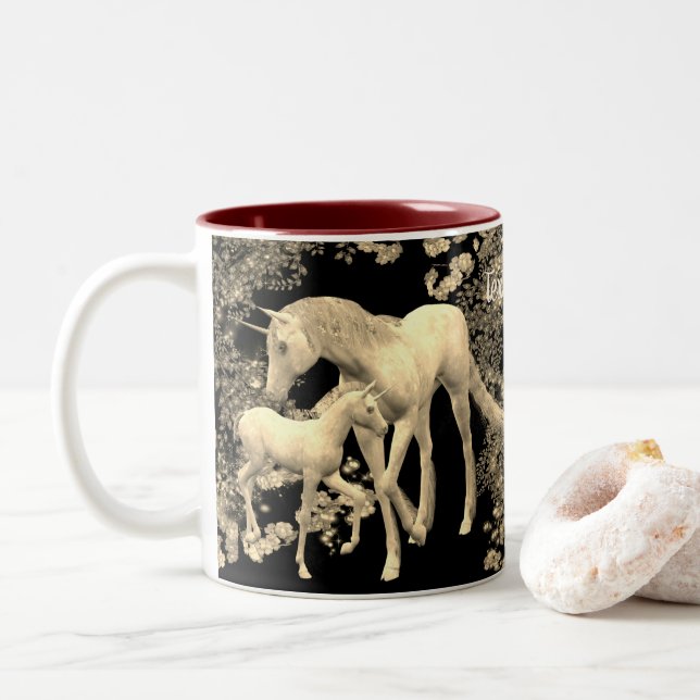 Unicorn Mare And Foal Sepia Fantasy Personalised Two-Tone Coffee Mug (With Donut)