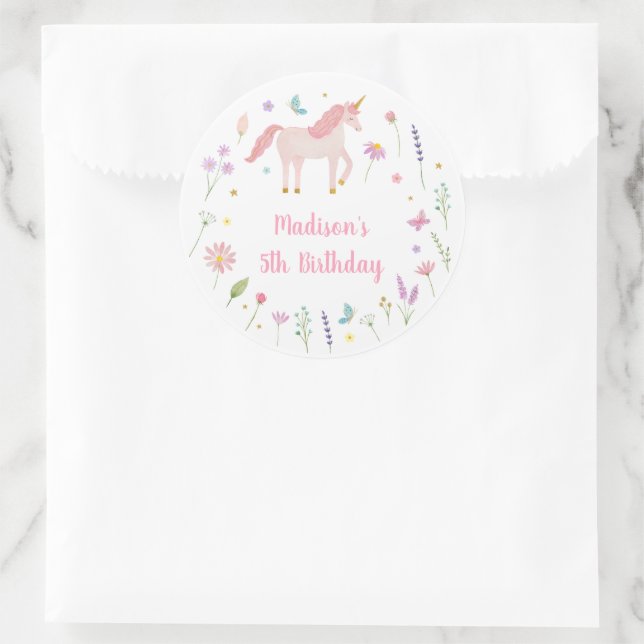 Unicorn Meadow Pastel Pink Gold Birthday Classic Round Sticker (Bag)
