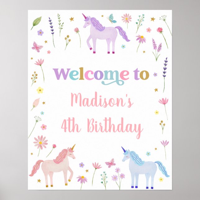 Unicorn Meadow Pastel Pink Gold Birthday Poster (Front)