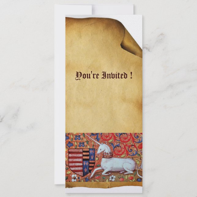 UNICORN MEDIEVAL FANTASY FLORAL PARCHMENT Pearl Invitation (Front)