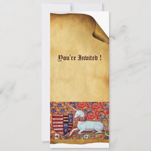 UNICORN MEDIEVAL FANTASY FLOWERS,FLORAL PARCHMENT INVITATION (Front)