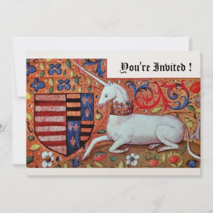 UNICORN MEDIEVAL FANTASY FLOWERS,RED WHITE FLORAL INVITATION