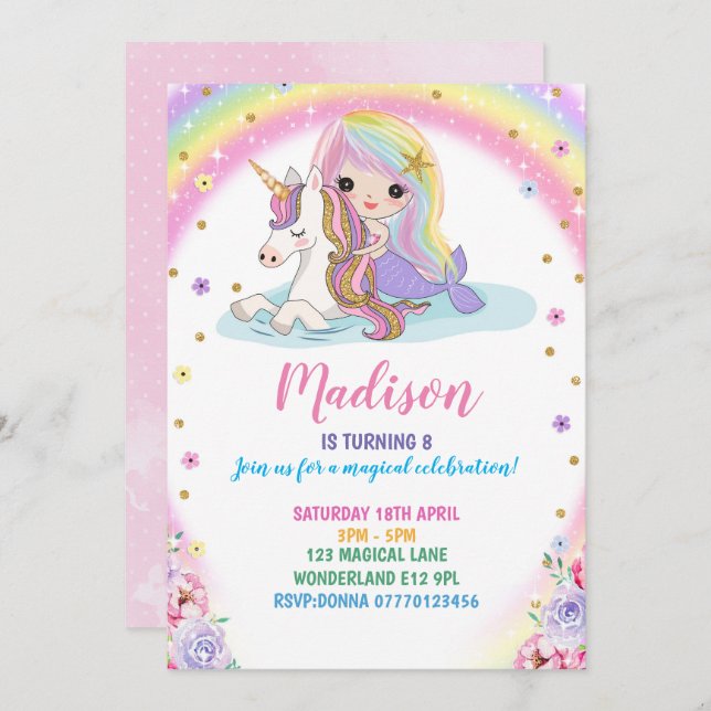 Unicorn Mermaid Birthday Invitation (Front/Back)