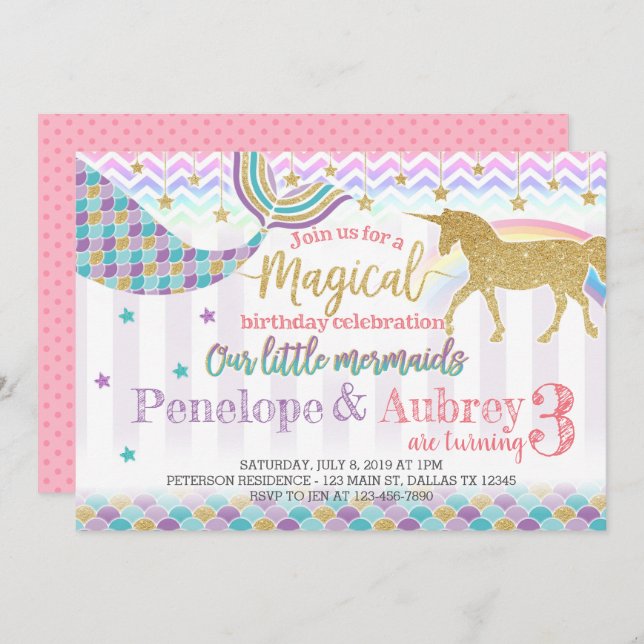Unicorn Mermaid Birthday Party Invitation Invite (Front/Back)