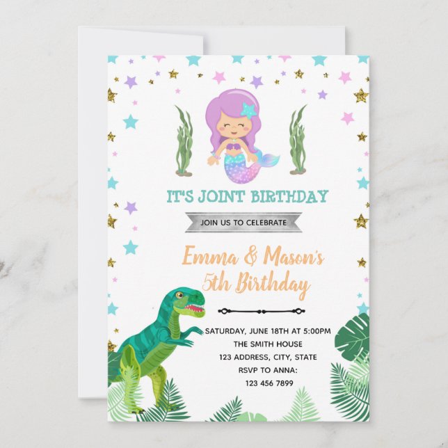 Unicorn mermaid dinosaur pool party invitation (Front)