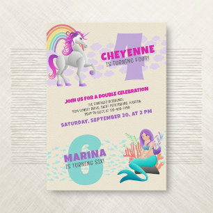 Unicorn Mermaid Joint Double Birthday Invitation