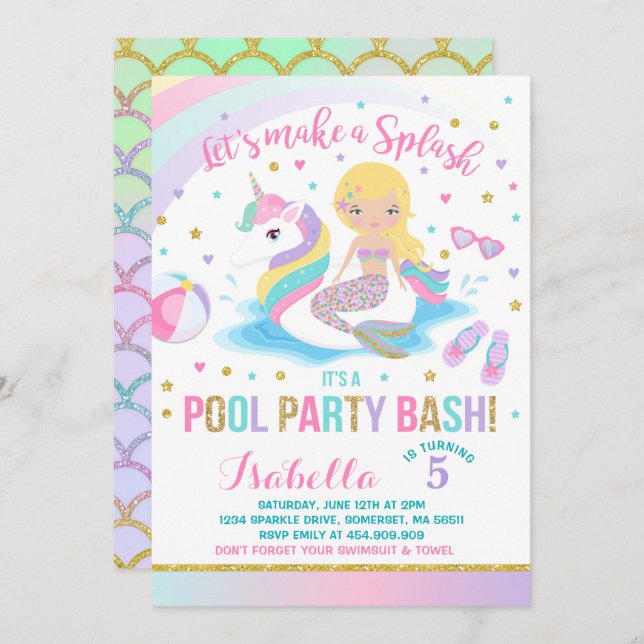 Unicorn & Mermaid Pool Party Birthday Invitation (Front/Back)