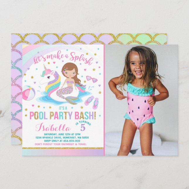Unicorn & Mermaid Pool Party Birthday Invitation (Front/Back)