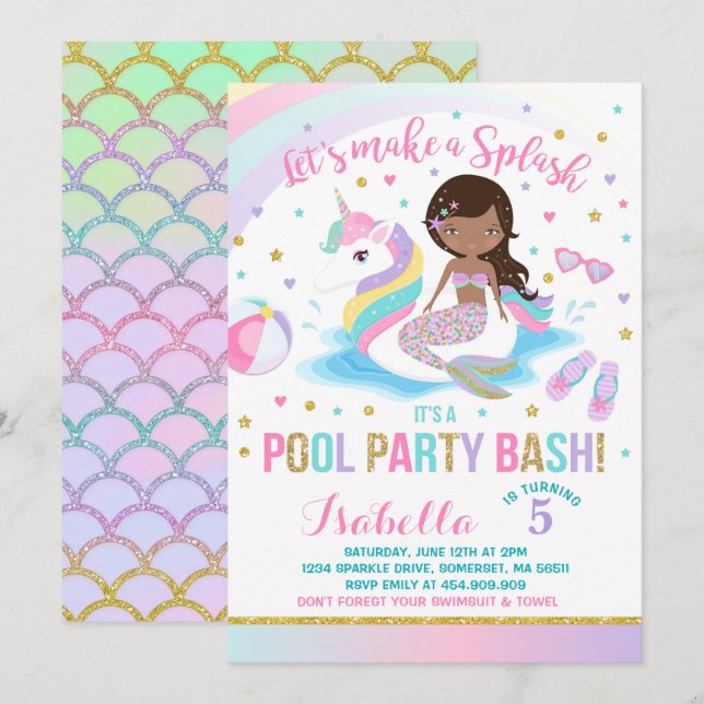 Unicorn & Mermaid Pool Party Birthday Invitation (Front/Back)