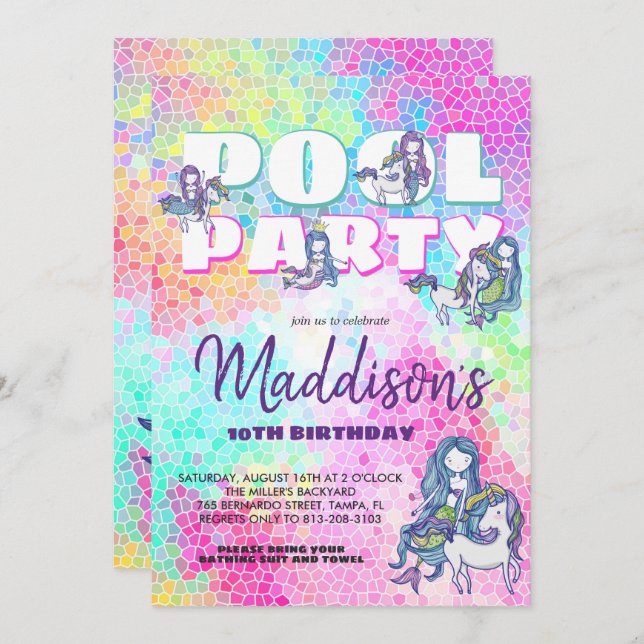 Unicorn & Mermaid Pool Party Invitation (Front/Back)