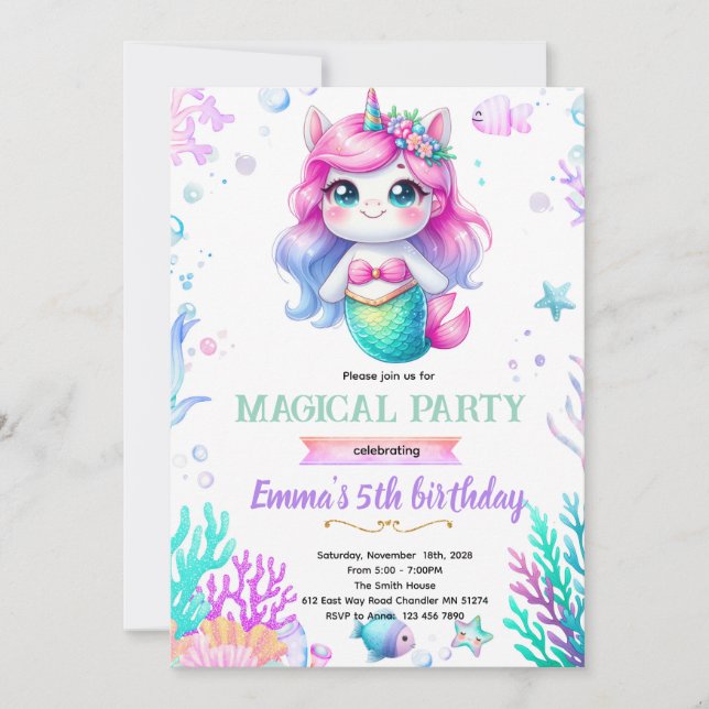 Unicorn mermaid themed invite (Front)