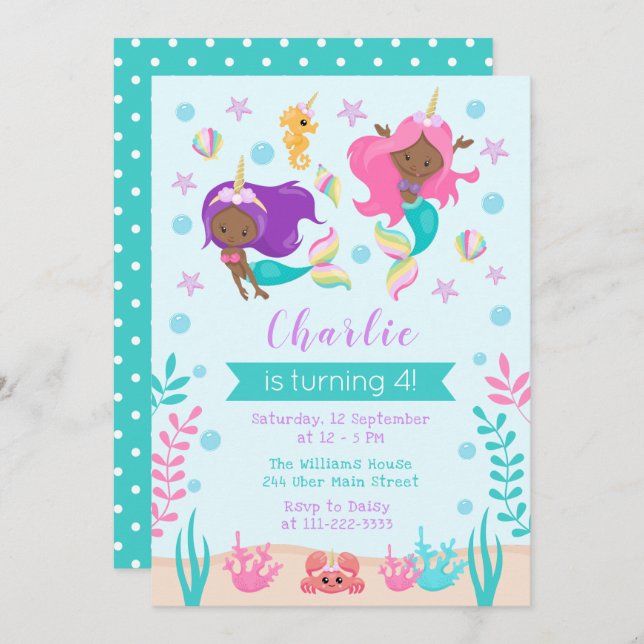 Unicorn Mermaids Birthday Dark Skin Tone Invitation (Front/Back)