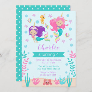Unicorn Mermaids Birthday Light Skin Tone Invitation