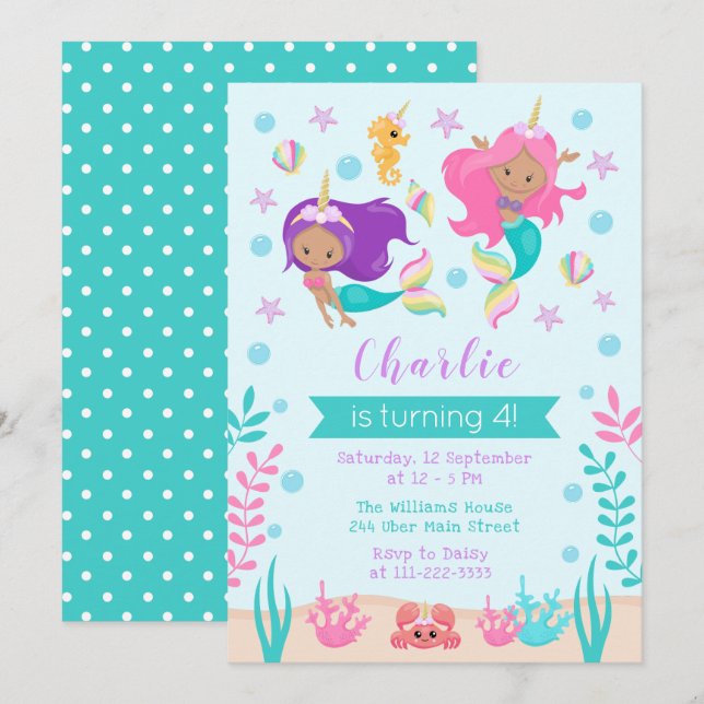 Unicorn Mermaids Birthday Medium Skin Tone Invitation (Front/Back)