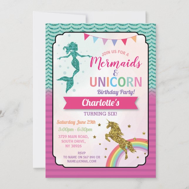 Unicorn & Mermaids Invitations Girl's Birthday (Front)