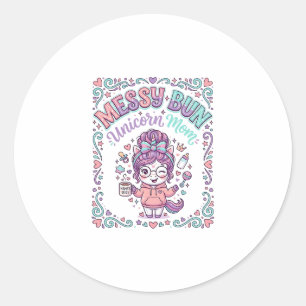 Unicorn Messy Bun Unicorn Mum Retro Style Graphic Classic Round Sticker