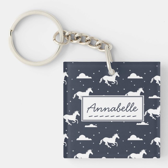 Unicorn Midnight Blue Sky Pattern Personalised Key Ring (Front)
