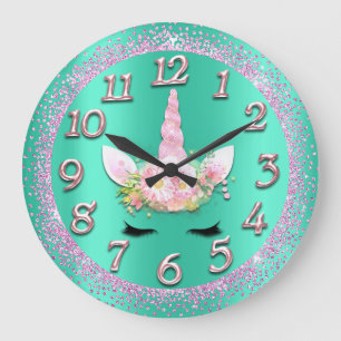 Unicorn Mint Gold Numbers Girly Glitter Spark Pink Large Clock
