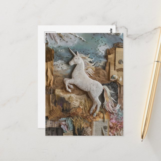 Unicorn Mixed Media Collage Postcard (Front/Back In Situ)
