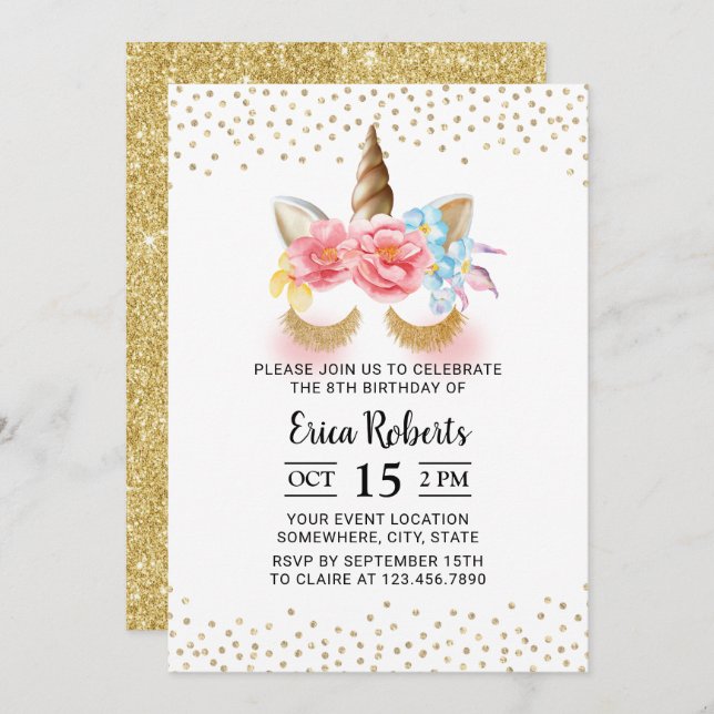 Unicorn Modern Gold Glitter 8th Birthday Invitation (Front/Back)