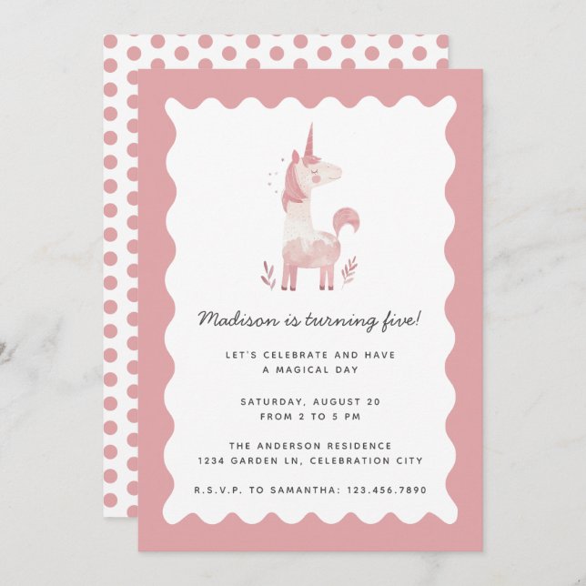 Unicorn Modern Magical Pink Wavy Frame Birthday Invitation (Front/Back)
