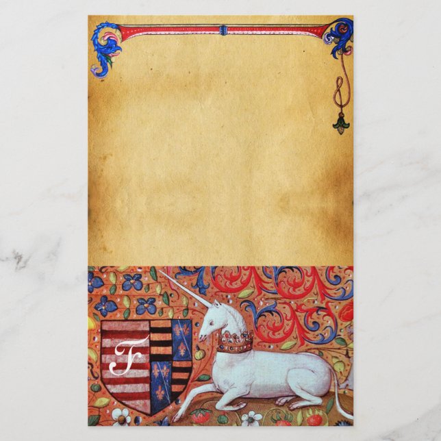 UNICORN MONOGRAM BROWN FLORAL PARCHMENT STATIONERY (Front)