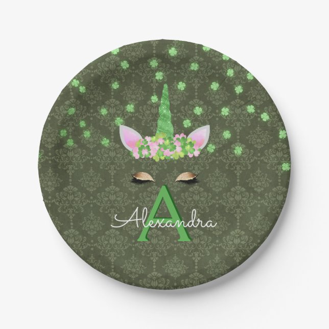 Unicorn Monogram Green St. Patrick's Day Paper Plate (Front)