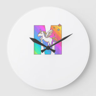 Unicorn Monogram Letter M Initial Cute Girls Birth Large Clock