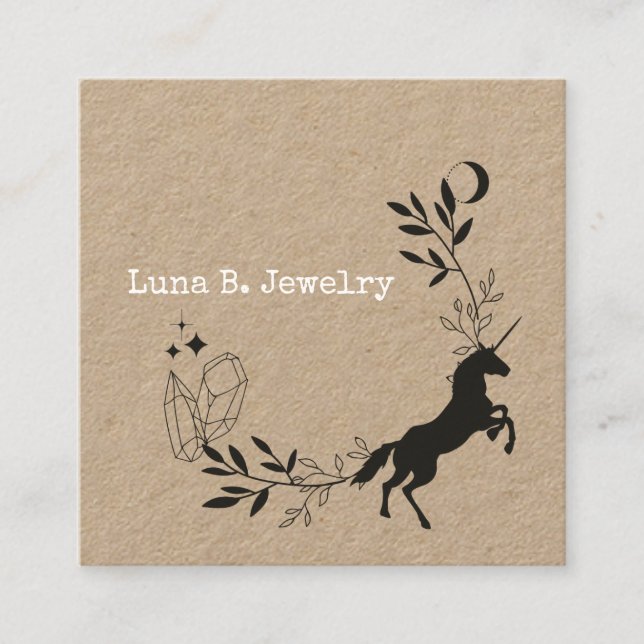 Unicorn, Moon & Crystals Dainty Jewelry Shop Square Business Card (Front)