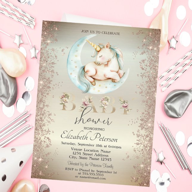 Unicorn Moon Gold Glitter Confetti  Baby Shower Invitation (Creator Uploaded)