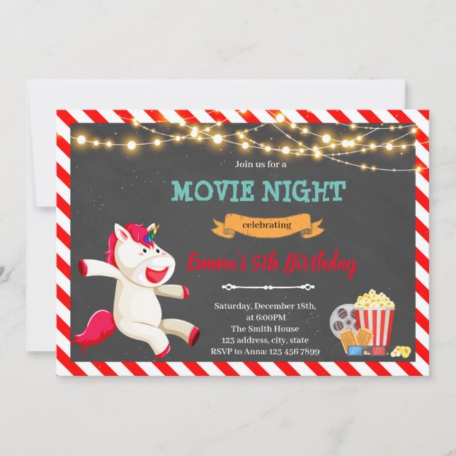 Unicorn movie night party invitation (Front)