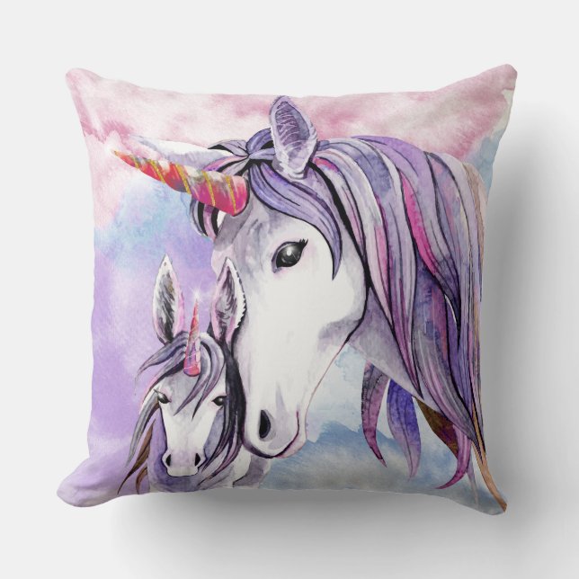 Unicorn Mum and Baby Lavender WhimsicalArtwork™ Cushion (Front)